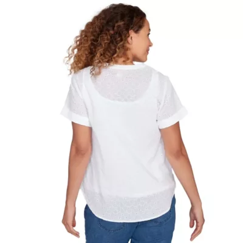 SOLID WOVEN EYELET SHORT SLEEVE POPOVER