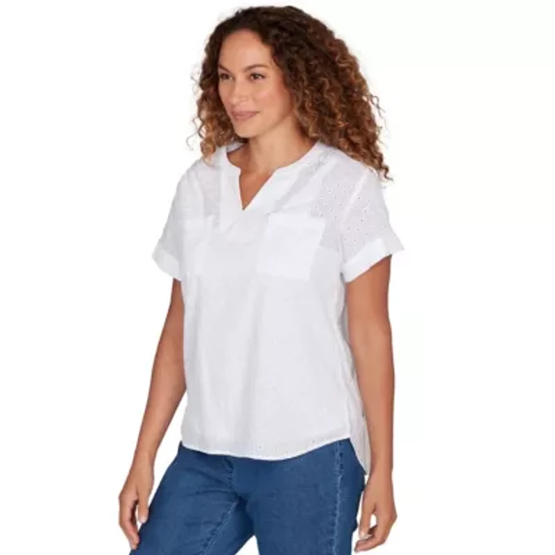SOLID WOVEN EYELET SHORT SLEEVE POPOVER