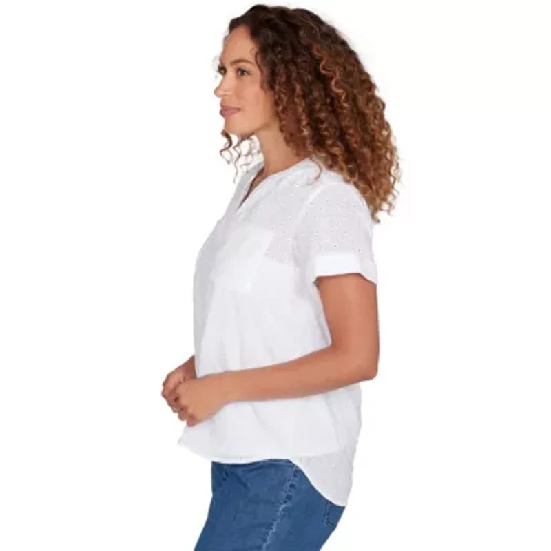 SOLID WOVEN EYELET SHORT SLEEVE POPOVER