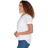 SOLID WOVEN EYELET SHORT SLEEVE POPOVER