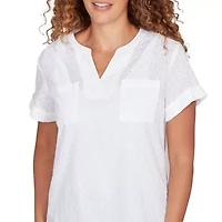 SOLID WOVEN EYELET SHORT SLEEVE POPOVER