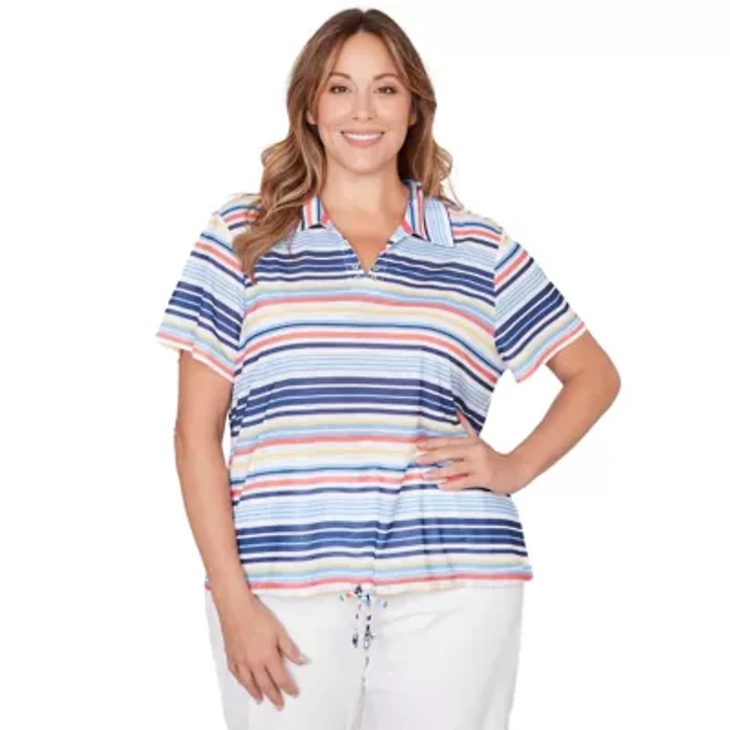 PRINTED POLY SLUB SHORT SLEEVE POLO BLOUSON TOP