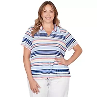 PRINTED POLY SLUB SHORT SLEEVE POLO BLOUSON TOP