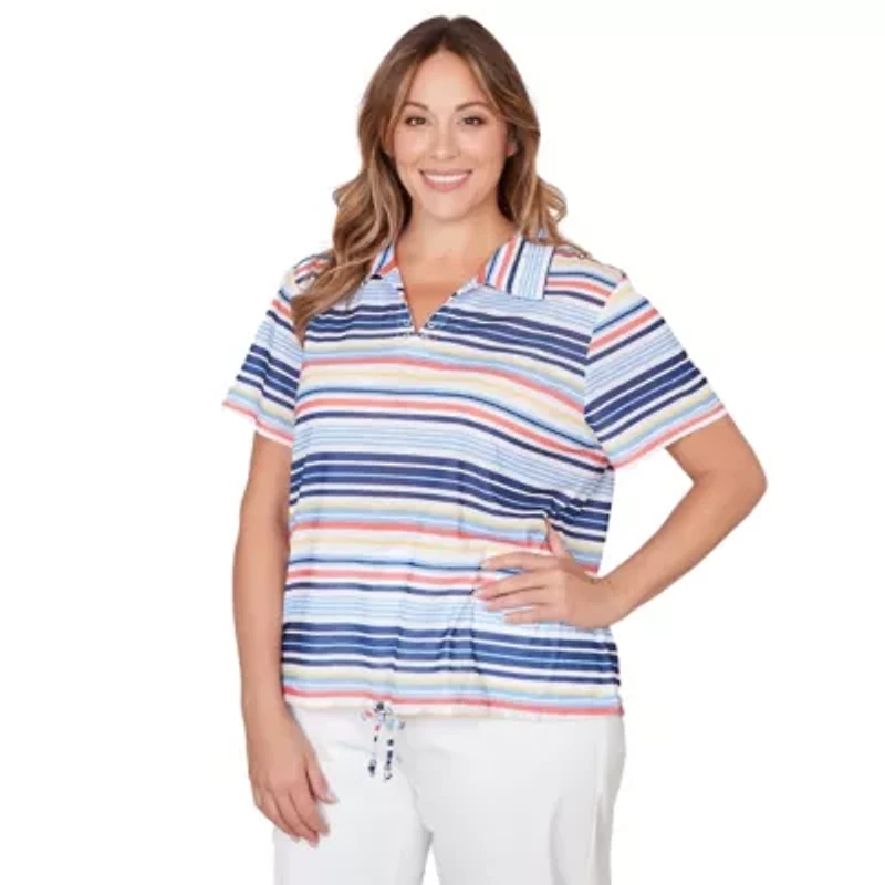 PRINTED POLY SLUB SHORT SLEEVE POLO BLOUSON TOP