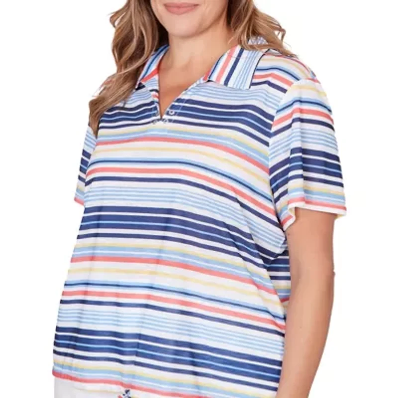 PRINTED POLY SLUB SHORT SLEEVE POLO BLOUSON TOP