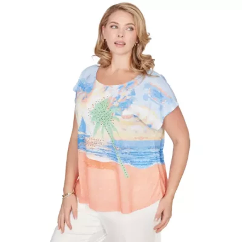 PRINTED POY T SLEEVE SCOOP NECK TOP