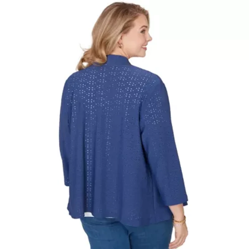 SOLID EYELET CASCADE CARDIGAN WITH 3/4 SLEEVES