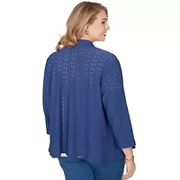 SOLID EYELET CASCADE CARDIGAN WITH 3/4 SLEEVES