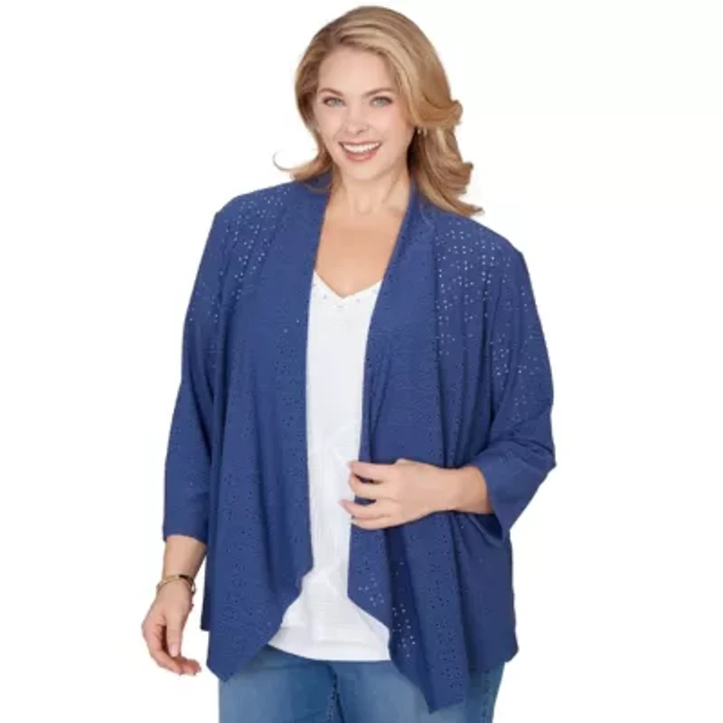 SOLID EYELET CASCADE CARDIGAN WITH 3/4 SLEEVES