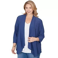 SOLID EYELET CASCADE CARDIGAN WITH 3/4 SLEEVES