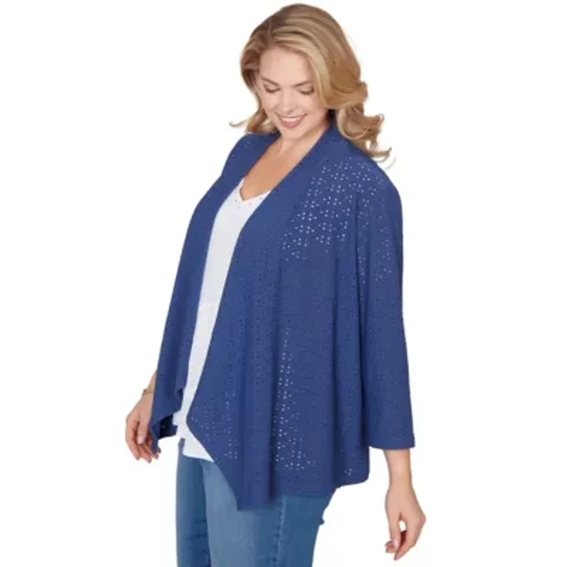 SOLID EYELET CASCADE CARDIGAN WITH 3/4 SLEEVES