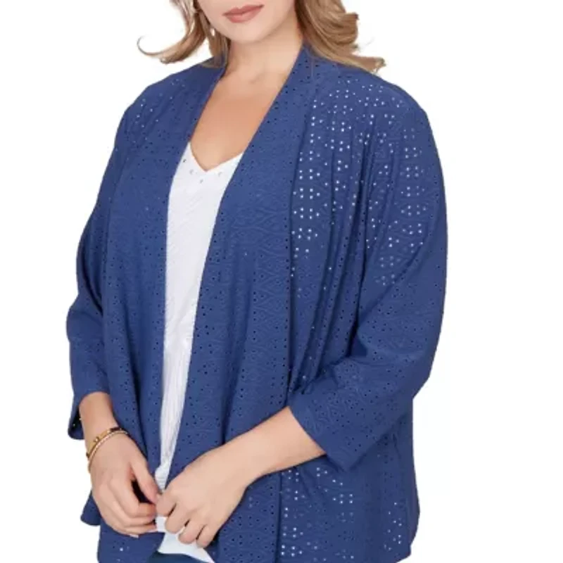 SOLID EYELET CASCADE CARDIGAN WITH 3/4 SLEEVES