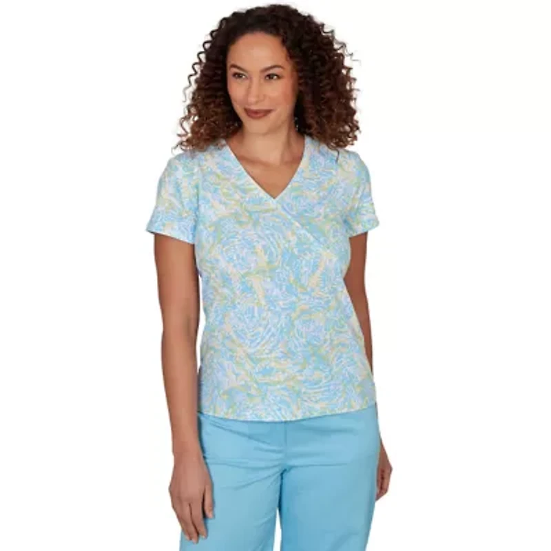 PRINTED STRETCH JERSEY SHORT SLEEVE SURPLICE TOP