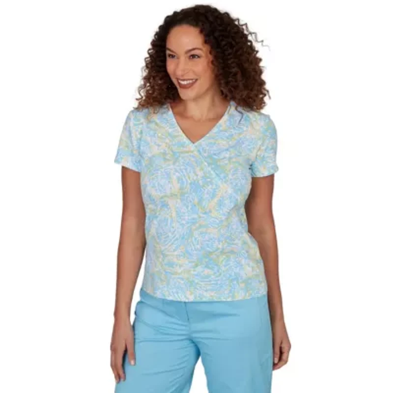 PRINTED STRETCH JERSEY SHORT SLEEVE SURPLICE TOP