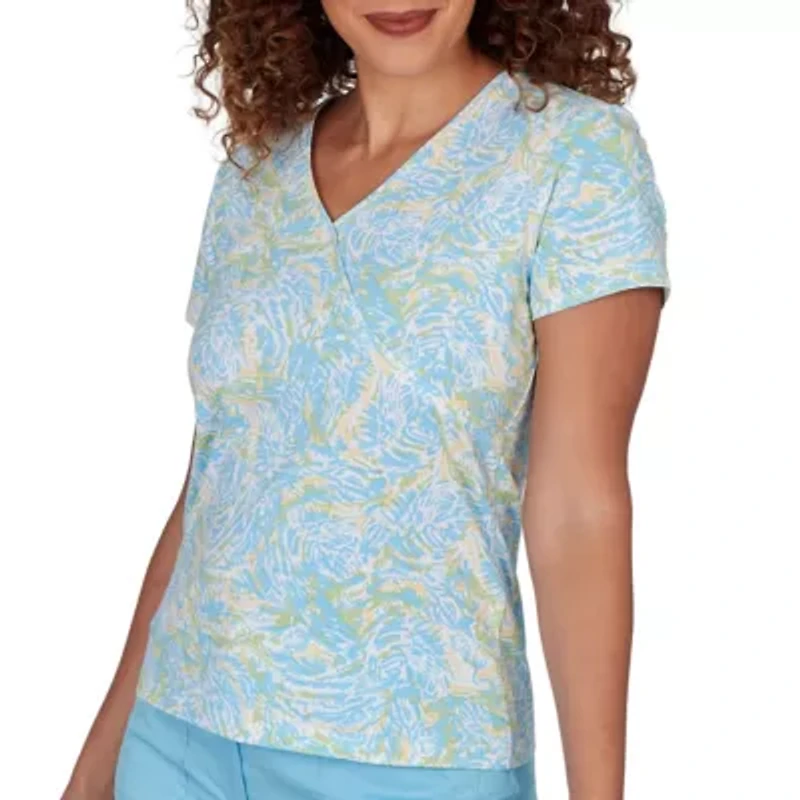 PRINTED STRETCH JERSEY SHORT SLEEVE SURPLICE TOP