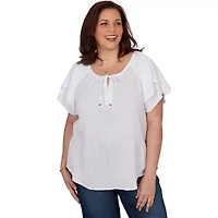 SOLID WOVEN CRINKLE FLUTTER SLEEVE TOP