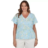 PRINTED STRETCH JERSEY SHORT SLEEVE SURPLICE TOP