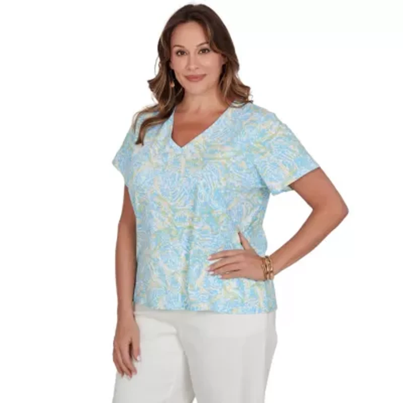 PRINTED STRETCH JERSEY SHORT SLEEVE SURPLICE TOP