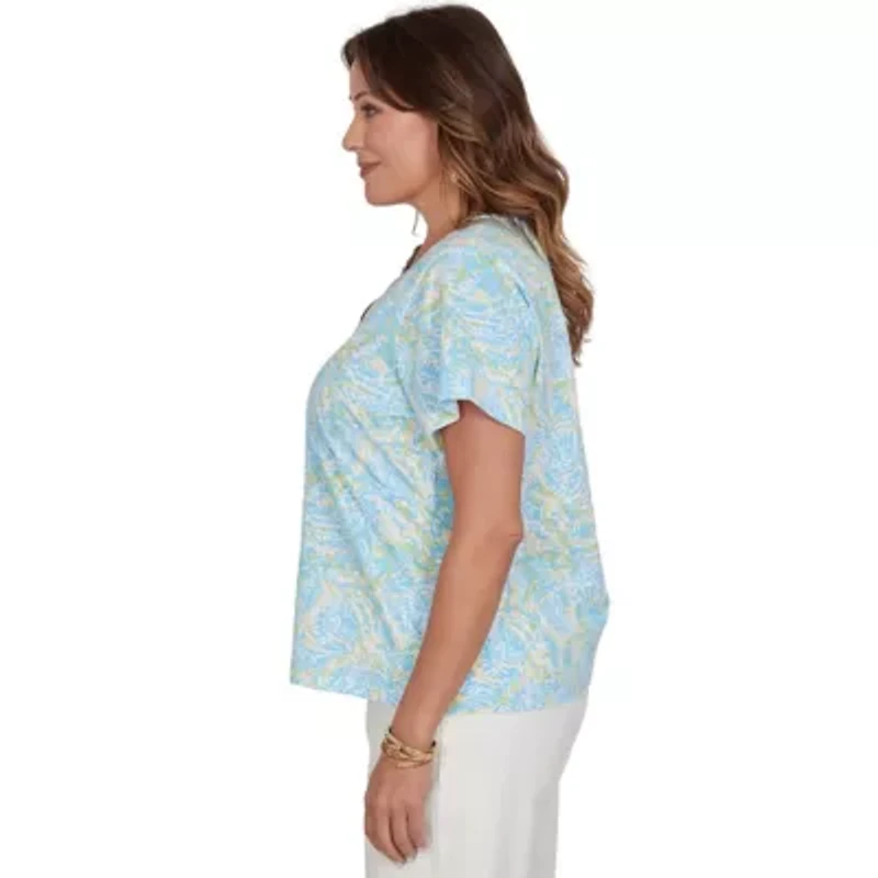 PRINTED STRETCH JERSEY SHORT SLEEVE SURPLICE TOP