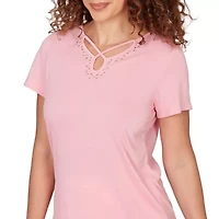 SOLID SHORT SLEEVE TOP WITH KEYHOLE NECKLINE