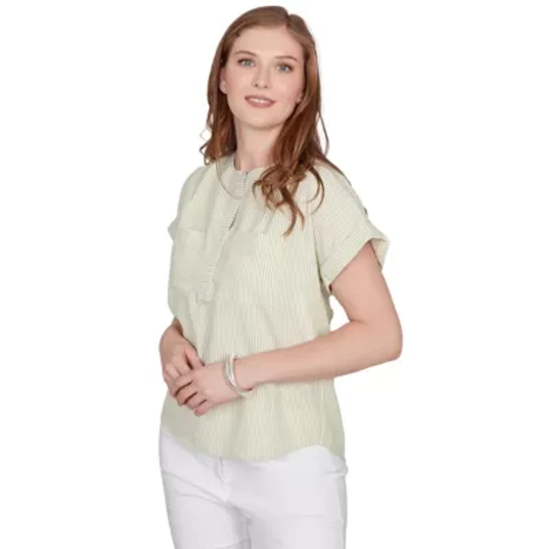 SHORT SLEEVE VERTICAL STRIPE STAND COLLAR POPOVER