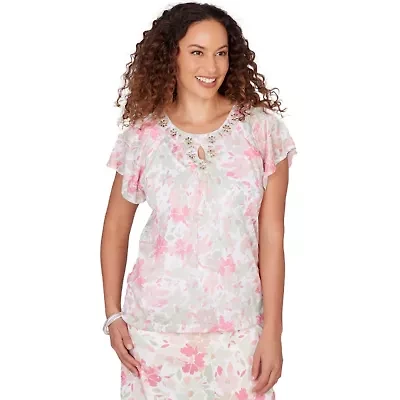 PRINTED KNIT BURNOUT FLUTTER SLEEVE TOP