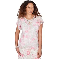 PRINTED KNIT BURNOUT FLUTTER SLEEVE TOP