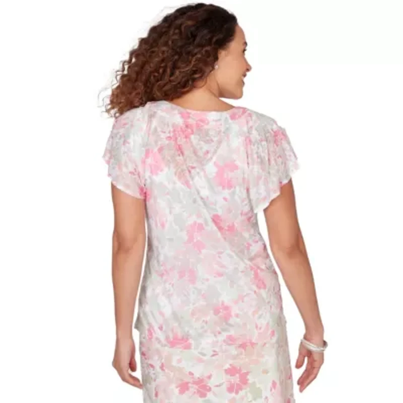 PRINTED KNIT BURNOUT FLUTTER SLEEVE TOP