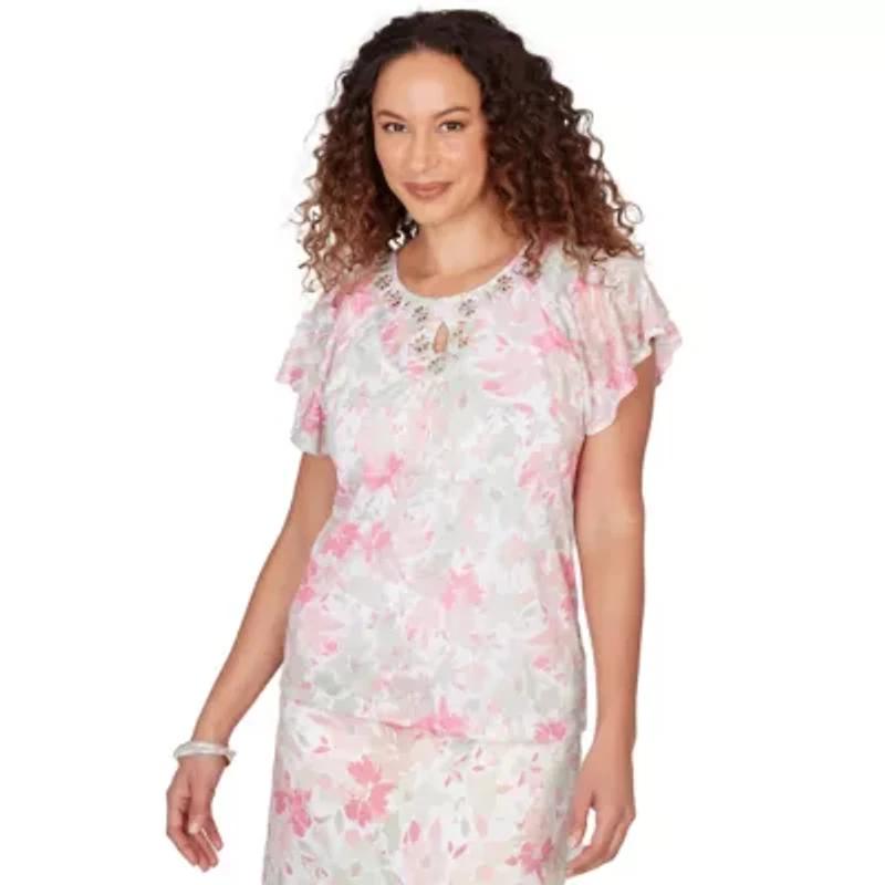 PRINTED KNIT BURNOUT FLUTTER SLEEVE TOP