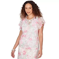PRINTED KNIT BURNOUT FLUTTER SLEEVE TOP