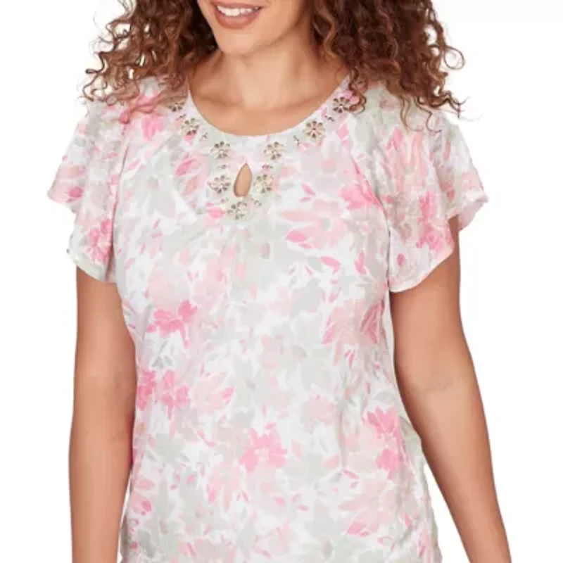 PRINTED KNIT BURNOUT FLUTTER SLEEVE TOP