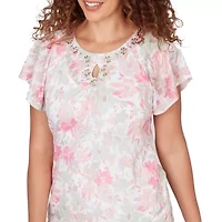 PRINTED KNIT BURNOUT FLUTTER SLEEVE TOP