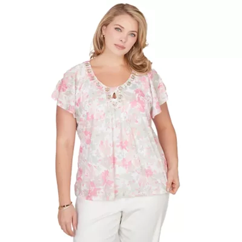 PRINTED KNIT BURNOUT FLUTTER SLEEVE TOP