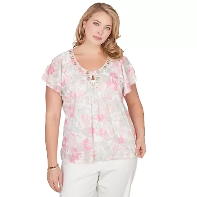 PRINTED KNIT BURNOUT FLUTTER SLEEVE TOP