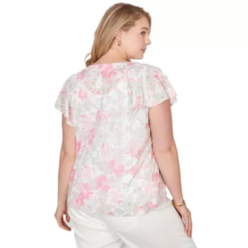 PRINTED KNIT BURNOUT FLUTTER SLEEVE TOP