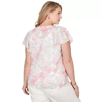PRINTED KNIT BURNOUT FLUTTER SLEEVE TOP