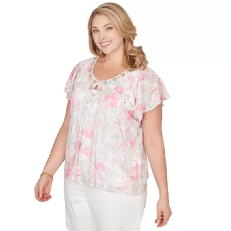 PRINTED KNIT BURNOUT FLUTTER SLEEVE TOP