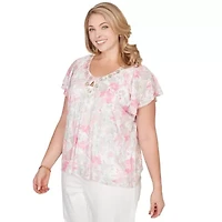 PRINTED KNIT BURNOUT FLUTTER SLEEVE TOP