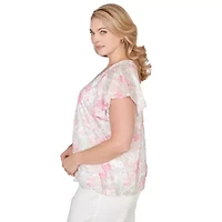 PRINTED KNIT BURNOUT FLUTTER SLEEVE TOP