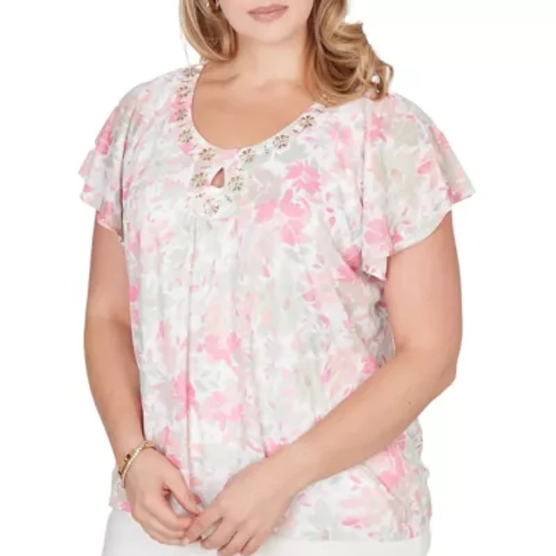 PRINTED KNIT BURNOUT FLUTTER SLEEVE TOP