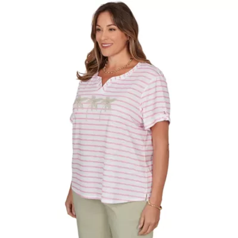 PRINTED SLUB TOP WITH BANDED NECK