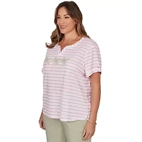 PRINTED SLUB TOP WITH BANDED NECK
