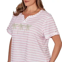 PRINTED SLUB TOP WITH BANDED NECK