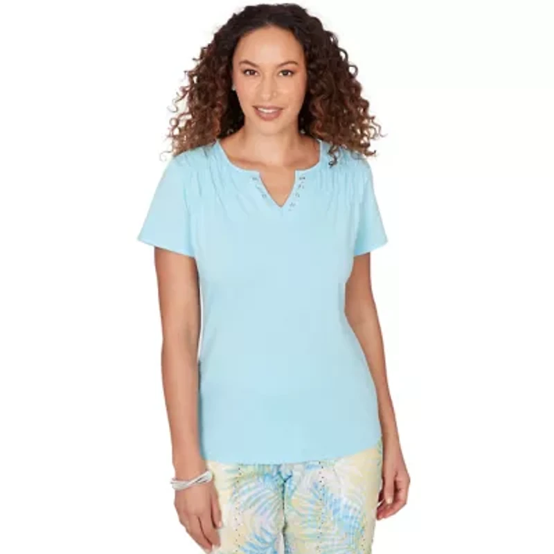 SOLID SHORT SLEEVE SMOCKED SHOULDER TOP