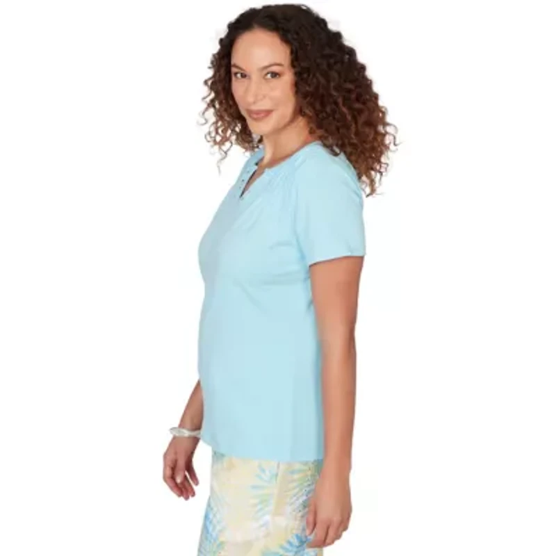 SOLID SHORT SLEEVE SMOCKED SHOULDER TOP