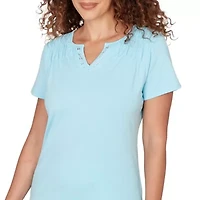 SOLID SHORT SLEEVE SMOCKED SHOULDER TOP