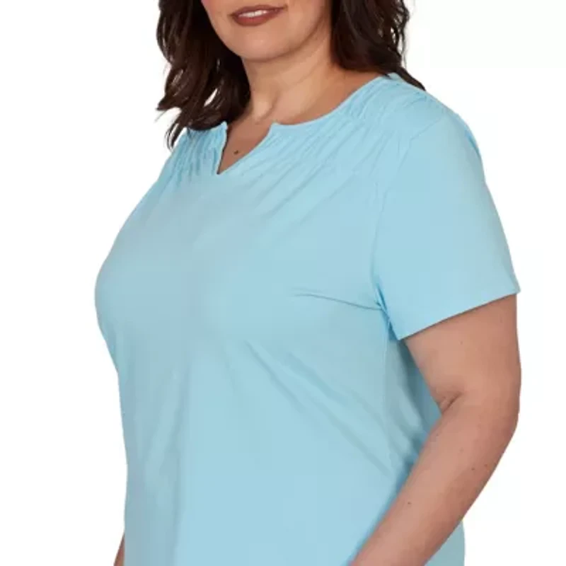 SOLID SHORT SLEEVE SMOCKED SHOULDER TOP