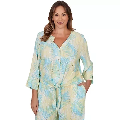 PRINTED EYELET GAUZE 3/4 SLEEVE TIE FRONT BLOUSON