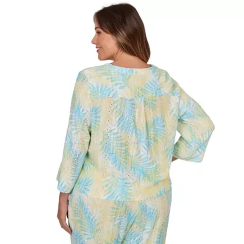 PRINTED EYELET GAUZE 3/4 SLEEVE TIE FRONT BLOUSON