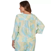 PRINTED EYELET GAUZE 3/4 SLEEVE TIE FRONT BLOUSON